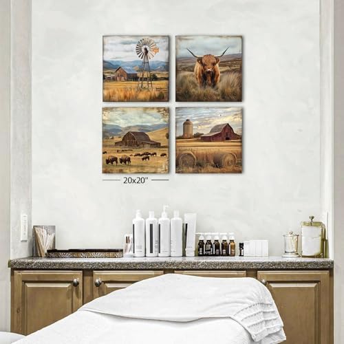 Farmhouse Wall Art Cow Pictures Wall Decor Rustic Barn Windmill Scenery Pictures Country Wilderness Canvas Prints Painting Poster Modern Artwork for Kitchen Living Room Home Decoration 20x20" 4Pcs
