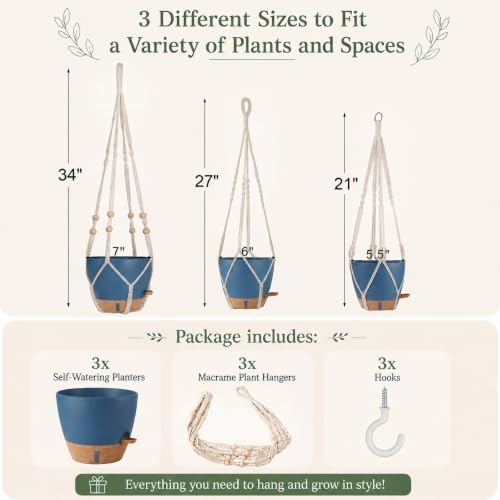 3 Set Self Watering Hanging Planter for Indoor Plants Macrame Plant Hangers