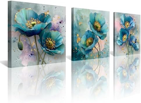 NAN Wind 3Pcs Blue Teal Poppy Flower Wall Art Canvas Print with Gold Accents Modern Botanical Floral Contemporary Watercolor Style Elegant Flower Artwork for Living Room Bedroom Home Office Wall Decor