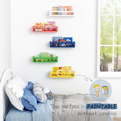 Harwaya Walnut Brown Nursery Book Shelves Wall Mounted, Wooden Floating Bookshelf for Kids Room Bedroom, Dark Wood Nursery Bookshelves for Kitchen Classroom Playroom (Solid Pine, 3-Pack)
