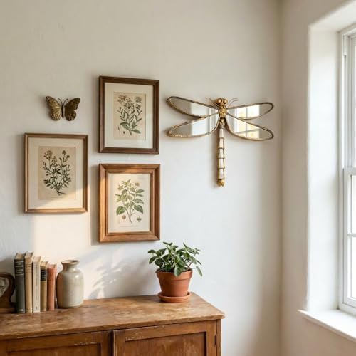 Adkoat® Vintage Gold Dragonfly Mirror Wall Decor: Insect Wall Accent Mirror | Housewarming Gifts - Resin Dragon Fly Art | Small Gold Butterfly Decorative for Bedroom Living Room Hallway - 12.5"x10"