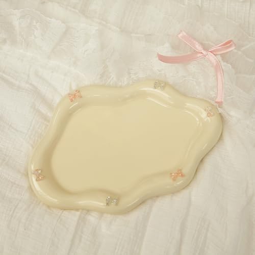 Jewelry Dish Trinket Tray for Women, Ring Dish Holder, Unique Cloud Shape Ceramic Plate Cute Things Vanity Aesthetic Room Decor Mother's Day Birthday (Bow Cream)
