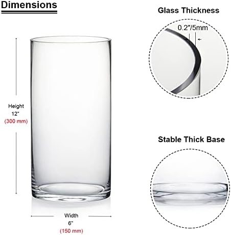 Enova Floral Clear Glass Flower Vase, 6W x 12H Inches Cylinder Vase, Pillar Candle Floating Candle Holders, Tall Cylinder Glass Vase for Flowers, Round Glass Vase for Home Decor, Wedding (Pack 4)