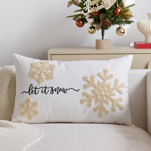 White Christmas Pillow Covers 12x20 Inch Embroidery Snowflake Xmas Decorative Lumbar Throw Pillow Cover Winter Holiday Pillow Case Cushion Cases for Sofa Couch Living Room Decorations