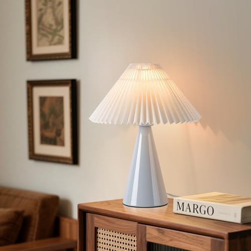 Ziqqeelam Light Blue Small Table Lamp, Cute Table Lamp, Pleated Table Lamp,Light Blue Bedroom Lamps for Nightstand, Small Scalloped Lamp Shade Table Lamps for Small Spaces for Bedroom,Living Room