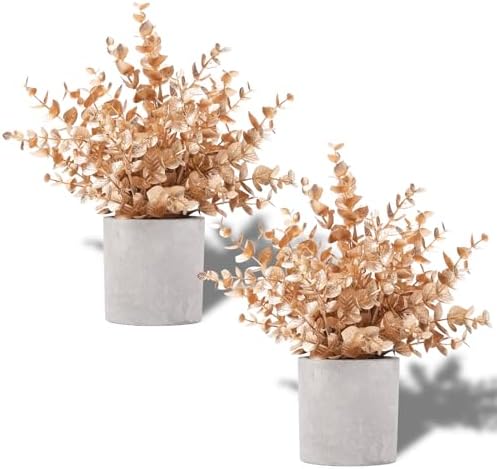 Coferset 2 Pack Small Fake Plants Eucalyptus Potted,Gold