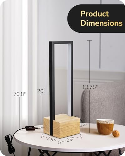 EDISHINE Modern Table Lamp, Dimmable LED Bedside Lamp with 3 Color Temps 3000K 4500K 6000K, Black Square Aluminum Frame, Complete Wooden Base, Nightstand Lamp for Bedroom