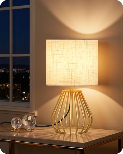 Gold Table Lamp, 12.6'' Small Table Lamp with Beige Linen Lampshade & Gold Cage Base, Modern Little Cute Desk Lamp, Bedside Lamp for Bedroom, Living Room, 2700K LED Bulb Included, DE06TL05