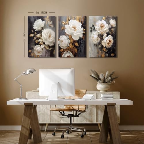 Abstract Wall Art Peony Flowers Wall Decor Farmhouse White Floral Canvas Prints Picture Vintage Botanical Painting Rustic Wildflower Poster Artwork for Bedroom Living Room Home Decoration 16x24” 3Pcs