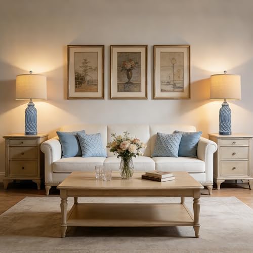 WIHTU 26.5'' Blue Resin Table Lamps, Touch Beside Lamps with USB Ports
