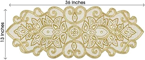 COTTON CRAFT Handmade Beaded Table Runner - 13x36 inches - Ivory & Gold