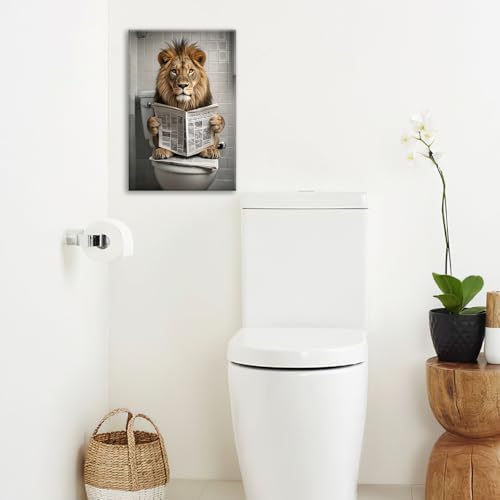 Funny Lion Bathroom Wall Art Cute Lion Toilet Wall Decor Pictures Animal Bathroom Canvas Prints Painting Home Decorations Restroom Artwork Ready to Hang Framed Gifts 16"x20"
