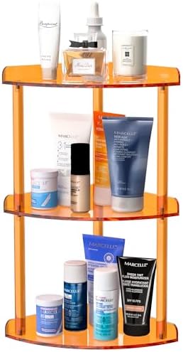Sezanrpt 3 Tier Countertop Corner Organizer Shelf 7x7x15.7 Inch, Orange Countertop Acrylic Bathroom Corner Shelf, Vanity Storage Organizer for Cosmetics, Toiletries