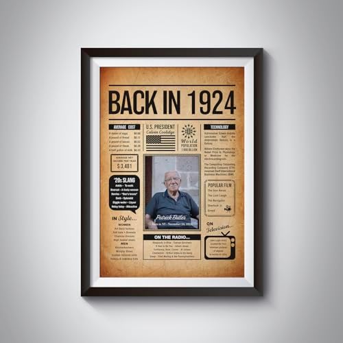 Back in 1924 Poster Sign, Personalized Birthday Gifts Idea, Custom 1924 Historical Birthday Newspaper, Born in 1924 Birthday Party Decorations, Fun Fact for the Day You Were Born, Decor Art Print