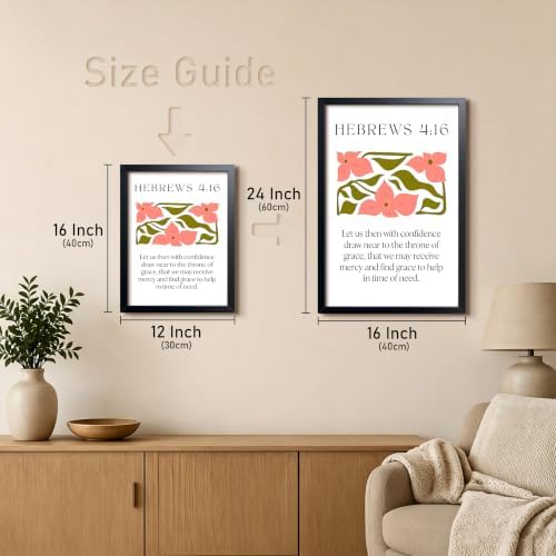 Framed Hebrews 4:16 Bible Verse Wall Art, Christian Floral Canvas Wall Decor Painting, Boho Religious Inspirational Scripture Print Poster Picture for Living Room Bedroom Prayer Room Home Decor 16x24 Inch