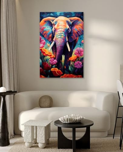 LYUNSHUO Elephant Canvas Wall Art Colorful Animal with Flowers Pictures Print Africa Wildlife Painting Modern Artwork for Home Wall Decor Ready To Hang(Elephant-11,16.00"x24.00")
