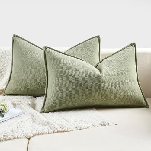 MIULEE Pack of 2 Sage Green Decorative Lumbar Chenille Pillow Covers 12x20