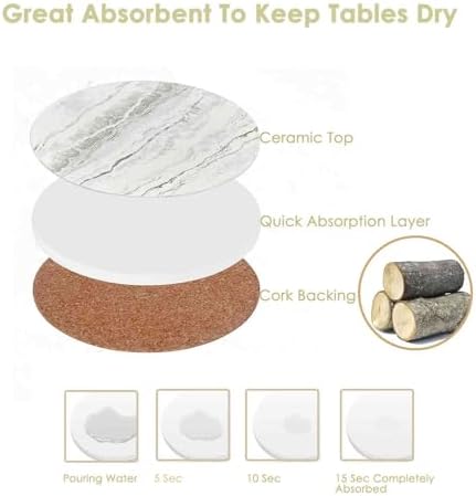 Drink Coasters with Holder 6 Pack, Ceramic Marble Style, Absorbent Abstract Coasters Set, 4in Cup Mat for Any Cups, Home, Living Room Decor, Tabletop-Protection for Coffee Beverage-Beige