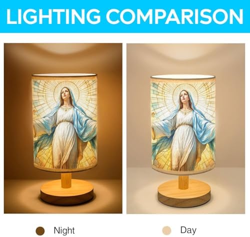 The Merciful Virgin Mary Table Lamp LED 3-Color Pressed Bedside, The Merciful Virgin Mary Shade Lamp with Wood Base for Bedroom Living Room Desk Office TL01