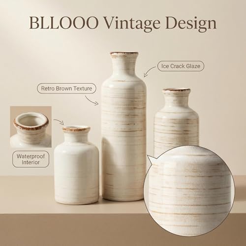 Vintage Ceramic Flower Vase Set of 3, Rustic Farmhouse Vase for Home Decor, Distressed Decorative Vase for Table Entryway Mantel Centerpiece Living Room Bathroom Bedroom (Linen Off-White)