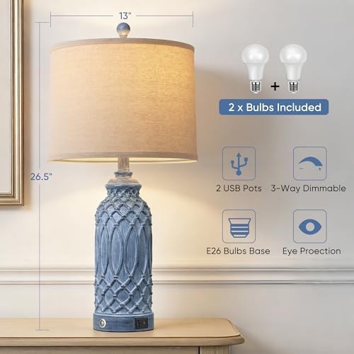 WIHTU 26.5'' Blue Resin Table Lamps, Touch Beside Lamps with USB Ports