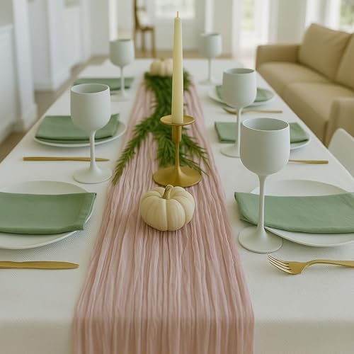 12 Pack Dusty Pink Cheesecloth Table Runners – 10FT Blush Gauze Boho Table Decor Set for Bridal Shower, Mother’s Day Brunch, Baby Girl Party, or Romantic Wedding Reception