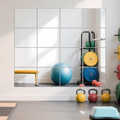 Ruomeng Home Gym Mirrors 14" x 12" x 16Pcs Wall Mounted Mirror Glass Frameless Full Length Mirror Tiles for Home Gym, Bedroom, Door & Bathroom | Workout Mirror Tiles for Garage, Bedroom, Living Room, Over The Door, Frameless Mirror Sets