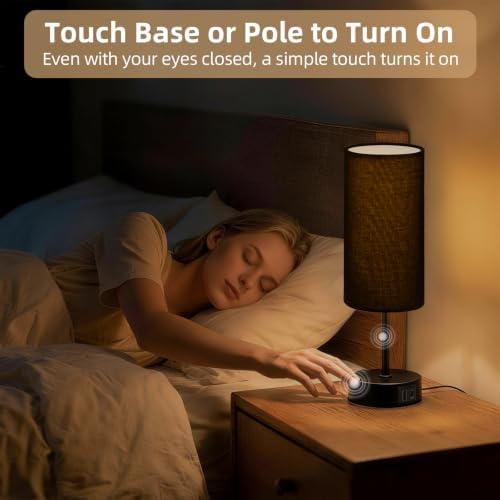 Bedside Table Lamp, Dimmable Touch, AC Outlet, USB A+C (Black)