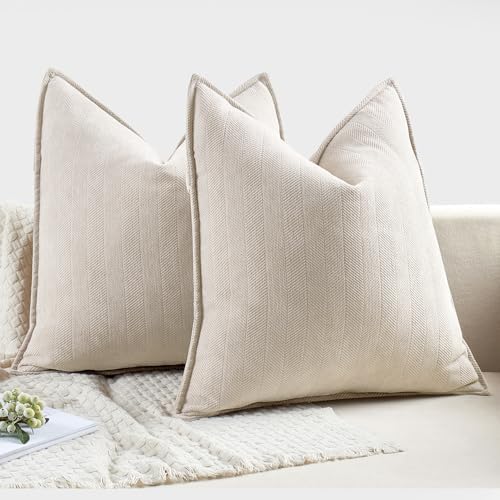 MIULEE Pack of 2 Cream Beige Euro Shams Chenille Pillow Covers 24x24 Inch
