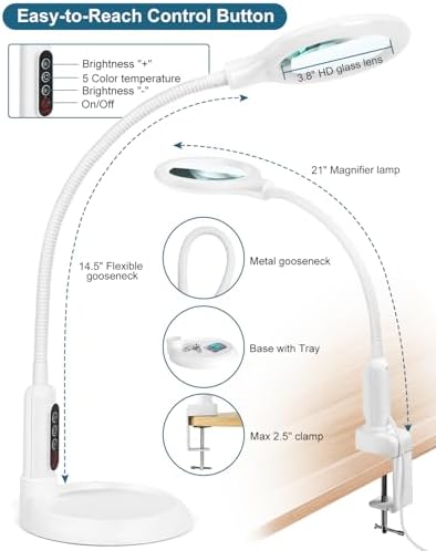 12X Magnifying Glass with Light and Stand, Real Glass, LED 5 Color Modes, Brightness Stepless Dimming Lighted Magnifier Hands Free, Flexible Gooseneck Desk Lamp with Clamp for Close Work, Craft, White