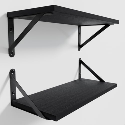 COCOYA Wall Shelves 7.3" Deep Solid Paulownia Wood (Black, Set of 2)
