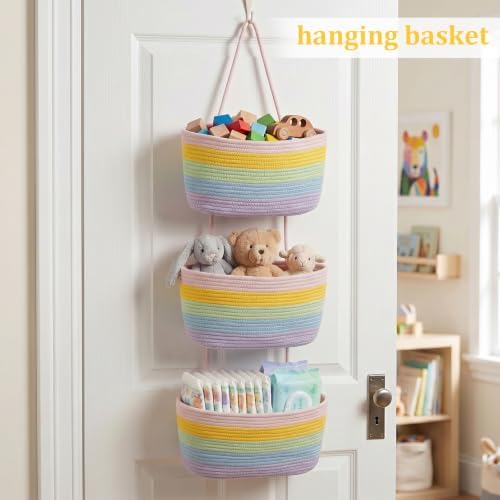 TeoKJ Over the Door Hanging Basket, 3-Tier Woven Cotton Wall-Mounted Storage Organizer Bag Decorative Hanging Nursery Baskets, Rainbow