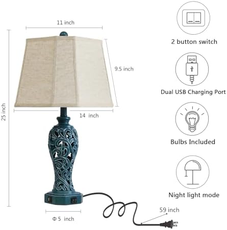 25'' Farmhouse Table Lamps Set of 2 for Bedroom with USB C+A Ports