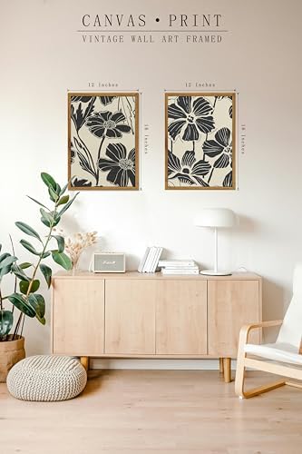 2-Pack Framed Abstract Minimalist Flower Canvas Wall Art for Bathroom | Boho Abstract Flower Wall Art, Minimalist Botanical Painting, Vintage Retro Decor, Ready to Hang