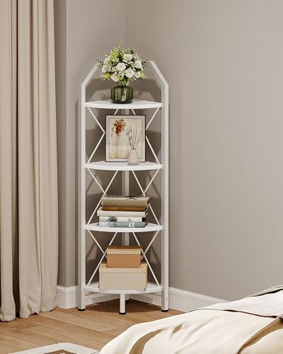 CHOEZON 4-Tier Corner Shelf, Industrial Corner Bookshelf, 47.6" Corner Storage Stand, Plant Stand Display Shelf, Corner Bookcase for Bedroom, Living Room, Home Office, White TCJ09WB