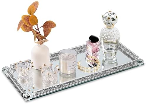 Mirror Perfume Tray for Dresser,Silver Crushed Diamond Filled