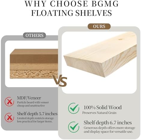 BGMG Wood Floating Shelves for Wall 24 inch Set of 2, Rustic Wooden Wall Mount Shelves for Bathroom Living Room Bedroom Kitchen Farmhouse -24x 6.7-Rustic Brown