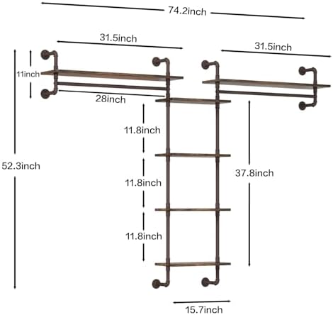Helsin 5-Tiers 74inch Large Rustic Industrial Pipe Floating Shelving, Wall Mounted Heavy Duty Clothes Rack with Double Hanging Rods Display Storage Rack for Bedroom Organization & Home Décor