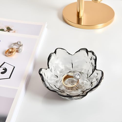 Crystal Black Flower Ring Dish Jewelry Tray, Decorative Glass Trinket Dish, Modern Accent Tray for Vanity