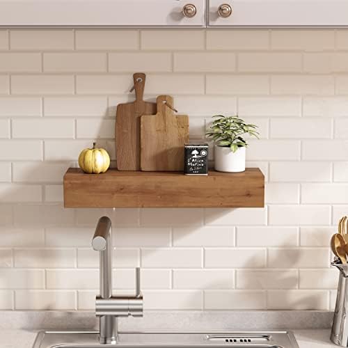 Wall Floating Shelves, Rustic Wood Wall Shelf Handmade - Wooden Shelves for Bathroom Kitchen Livingroom(Light Walnut, 17 Inch - 2 Pack)
