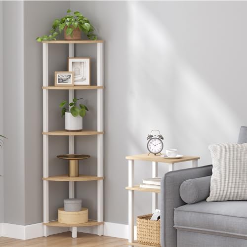 VIMBER Corner Shelf, 5-Tier Corner Bookshelf, Industrial Corner Ladder Shelf, Rustic Display Shelf for Living Room, Bedroom, Kitchen, Home Office, White and Nature Wood Color UJSJ001Q