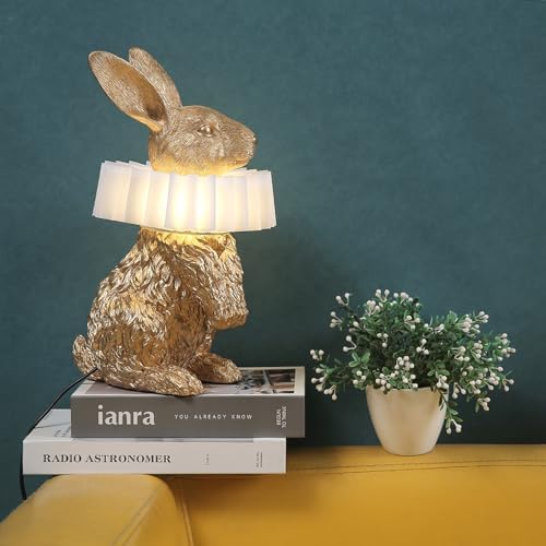 Gold Standing Bunny Lamp, Resin Scarf Rabbit Table Lamp with White Pleated PC Lampshade, USB Plug LED Nightstand Lamp, Cute Bedside Night Light for Bedroom Nursery Home Decor