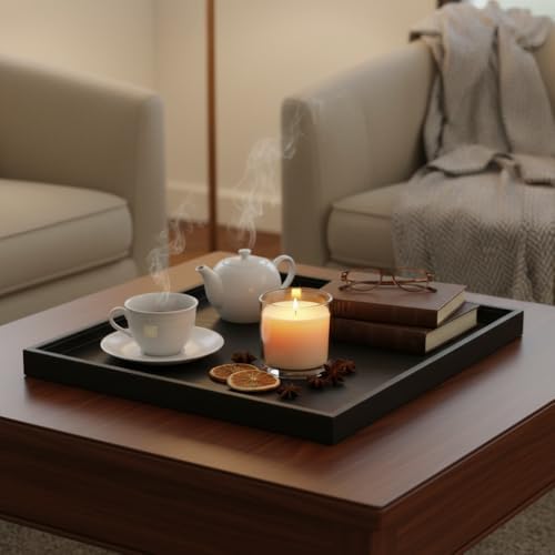 20x20 Inch Square Ottoman Tray - Faux Leather Large Serving Tray for Couch/Coffee Table, Family Dinner, Picnic, Party Decor (Black)
