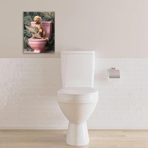 Crekviy Funny Golden Retriever Bathroom Decor Wall Art Dog Sitting on Toilet Pictures Cute Puppy Canvas Prints Painting Animal Restroom Artwork Home Decorations Framed Dog Gifts 12"x16"