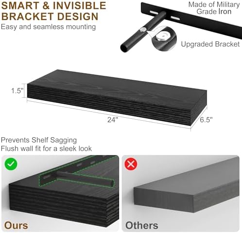 Fun Memories Floating Shelves for Wall, 24Inch Floating Shelves Set of 2, Hanging Shelf with Invisible Brackets, Wood Shelves for Living Room, Bedroom, Kitchen, Black