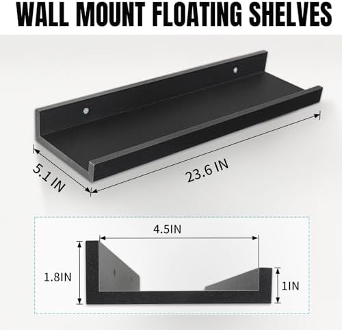 LaVie Home 23.6-Inch Black Floating Shelves for Wall Storage Set of 4 - Modern Minimalist Picture Ledge Shelf Wall Decor for Kitchen, Bedroom, Bathroom, and Living Room