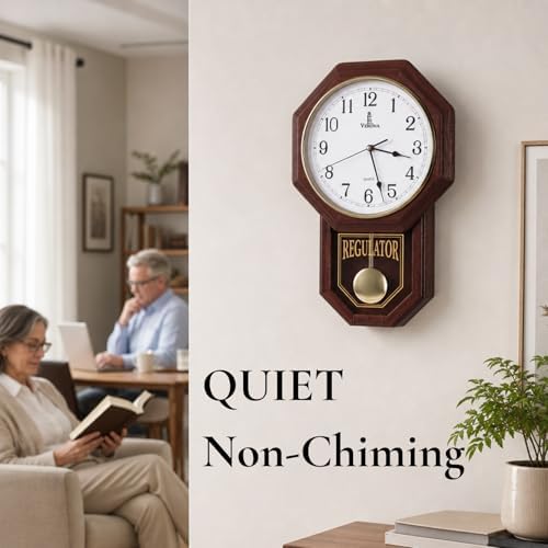 Pendulum Wall Clock, Real Wood Regulator Clock, Quiet, Non-Chiming, Wooden
