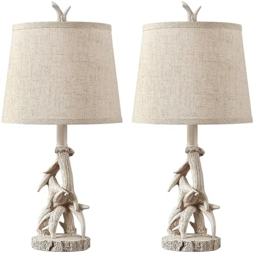 23'' Farmhouse Table Lamps for Bedroom Rustic Deer Antler Table Lamps Set of 2 Bedside Nightstand Lamp Western Log Cabin Lamp for Living Room Study Room Desk, White
