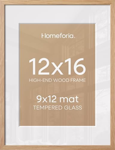 Homeforia 12x16 Natural Oak Picture Frame, High-End Wood, 9x12 Mat, Glass