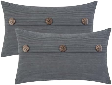 HWY 50 Grey Chenille Throw Pillow Covers 12x20 Inch Buttons Pack of 2
